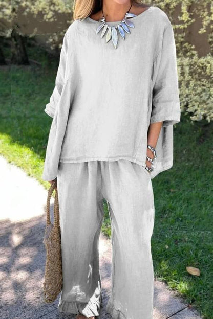 Color Loose Top & Pants Cotton Linen Two-piece Set