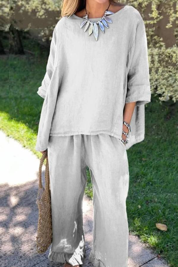 Color Loose Top \u0026 Pants Cotton Linen Two-piece Set