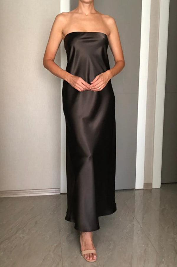 Satin Color Strapless Slim Maxi Dress