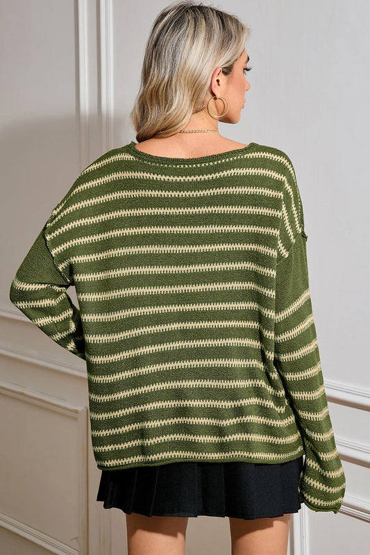 Green Stripe Stripe Round Neck Drop Shoulder Sweater