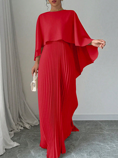 Cape High-low Pleated Color Split-joint Round-neck Evening Dresses Maxi Dresses