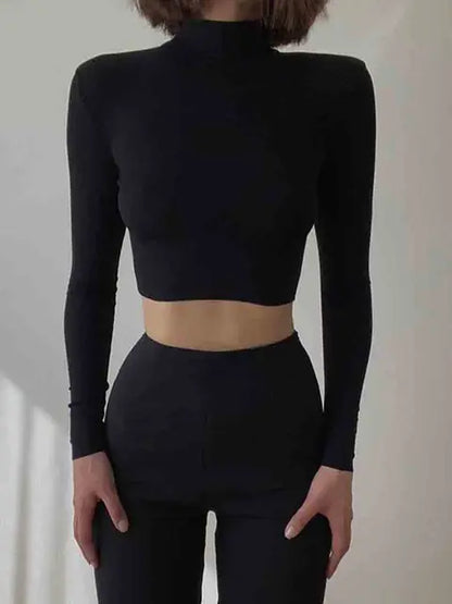 Nude Turtleneck Cropped T Shirt Autumn Long Sleeve T-shirt Skinny Basic Tee Shirt Femme