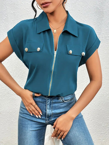 Safira - Zip-front Short Sleeve Blouse