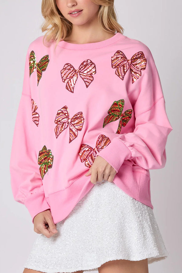 Christmas Bow Sequin Loose Long Sleeve Sweatshirt