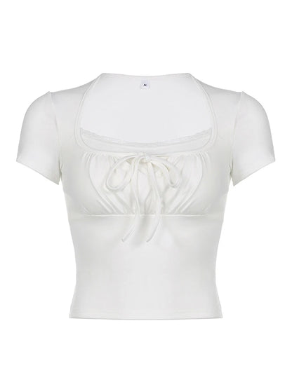 White Knitted Lac Patched Female T-shirts Y2k Korean Style Slim Tie Up Shirring Summer Top Tee Folds Outfits