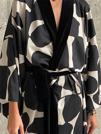 Contrast Loose Lace-up Long Dress Nightwear for V-neck Long Sleeve Autumn Clothes Female Bandage Maxi Dress