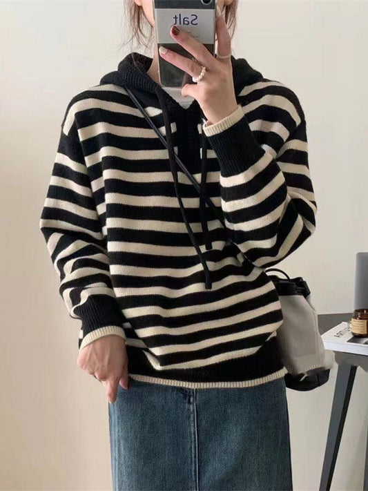 Black Hooded Drawstring V-neck Contrast Color Striped Long Sleeve Sweater Qx019