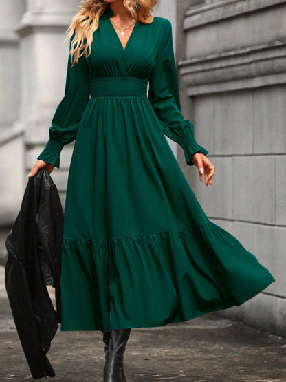 A-line Flared Sleeves Elasticity Pleated Color V-neck Midi Dresses