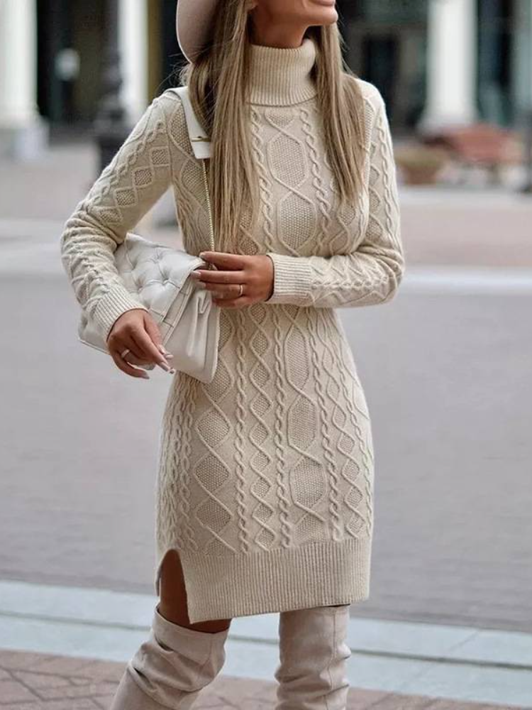 Turtleneck Sweater Color Slit Knitted Sweater Dress