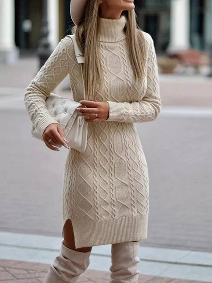 Turtleneck Sweater Color Slit Knitted Sweater Dress