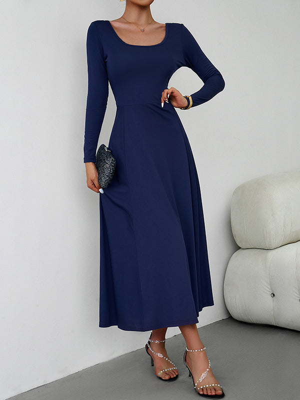A-line High Waisted Color Tied Waist U-neck Midi Dresses