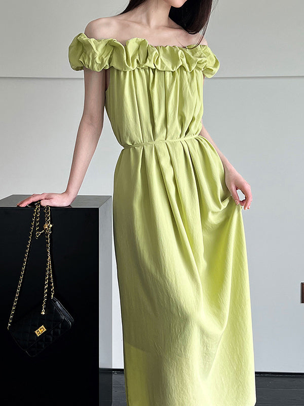 Loose Sleeveless Elasticity Pleated Color Split-joint Off-the-shoulder Maxi Dresses