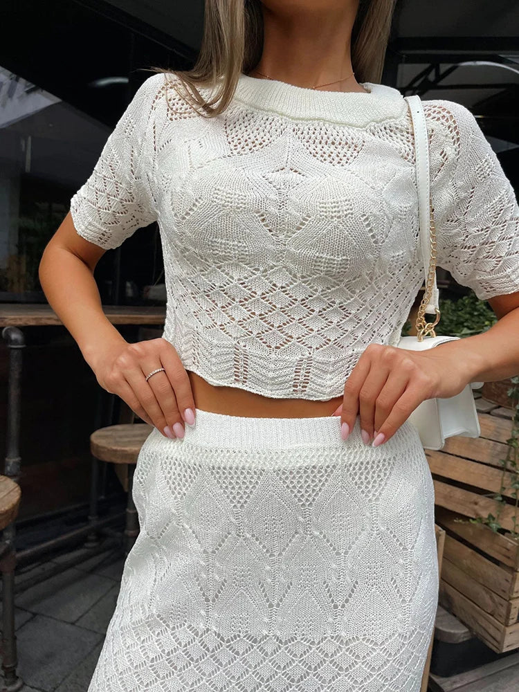 Knitted White Short Sleeve T-shirt Skirt Set Hollow See Through High Waisted Slim Fit Hip Wrap Two Piece Sets