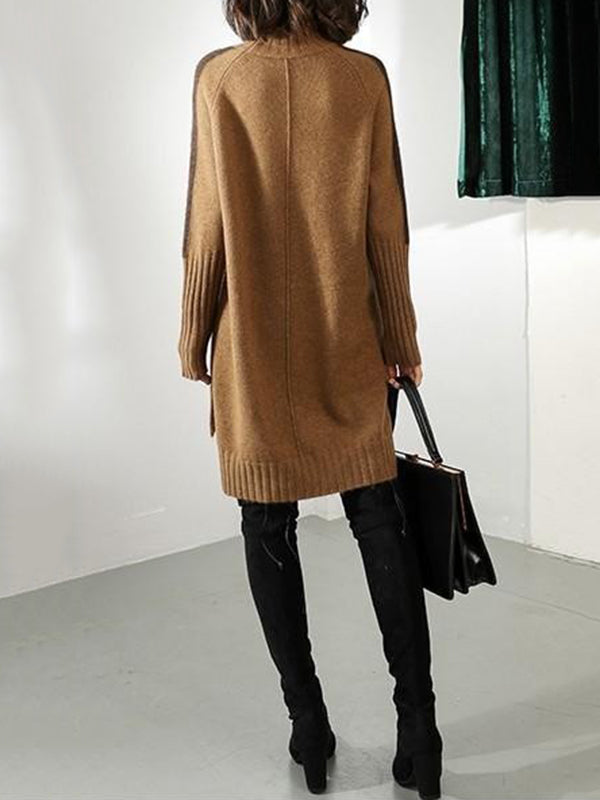 Urban Camel Half Turtleneck Contrast Color Long Sleeve Knit Sweater Dress An1068