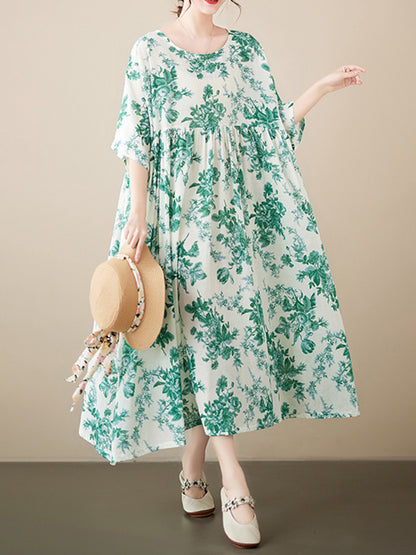 Loose Short Sleeves Printed Pleated Split-joint Round-neck Midi Dresses
