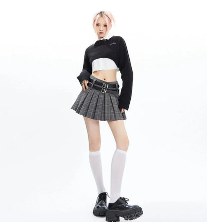 Plaid Double-belt Pleated Skirt
