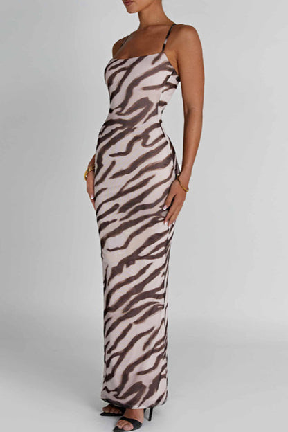 Open Back Printed Slim Fit Maxi Dress
