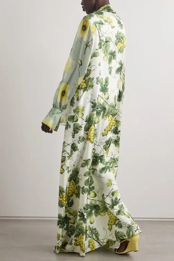 Print Tie Neck Balloon Sleeves Maxi Dress