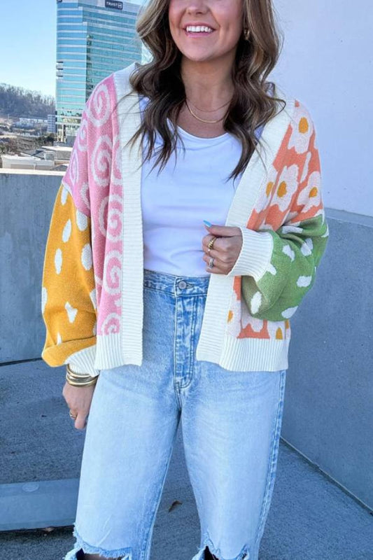 Orange Flower \u0026 Dotted Print Colorblock Open Front Cardigan