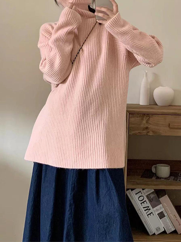 Simple Blue High Neck Split-side Long Sleeve Sweater Qx013