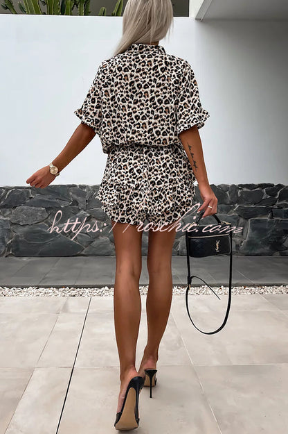 Leopard Print V-neck Short Sleeve Elastic Waist Rompers