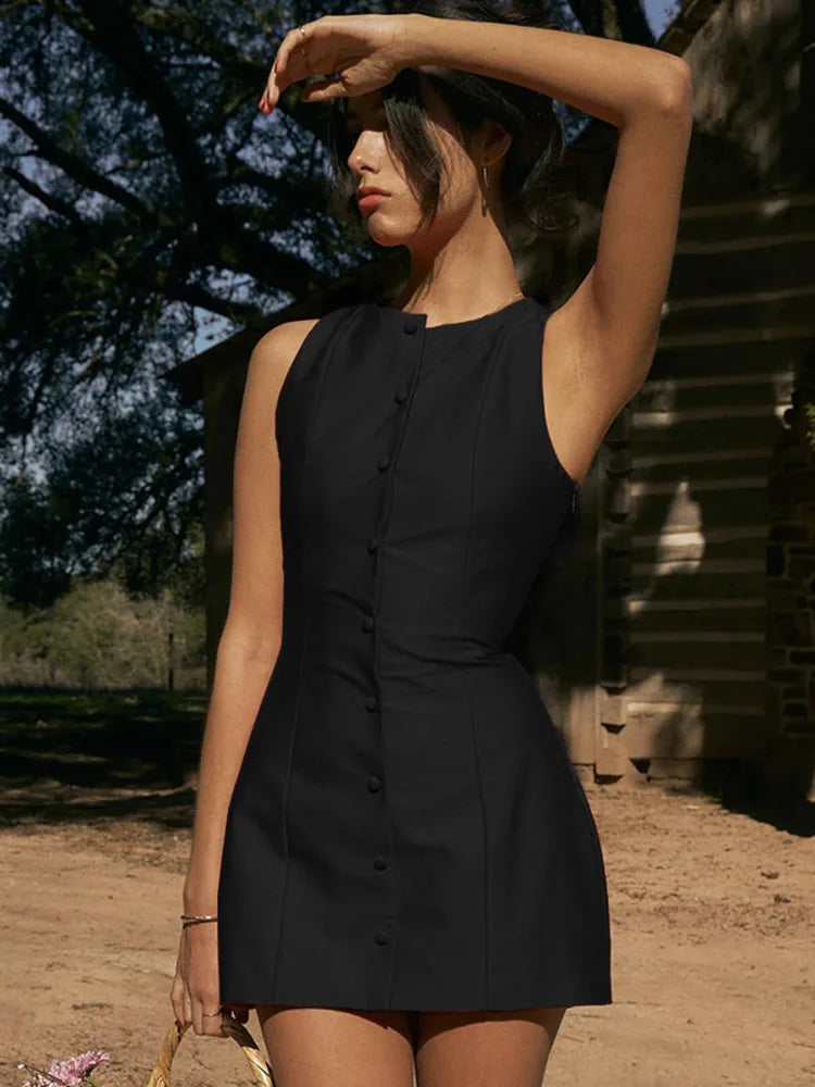 Sleeveless Mini Dress for New O Neck Single-btrasted Bodycon Club Party Tank Dress Femme Clothes