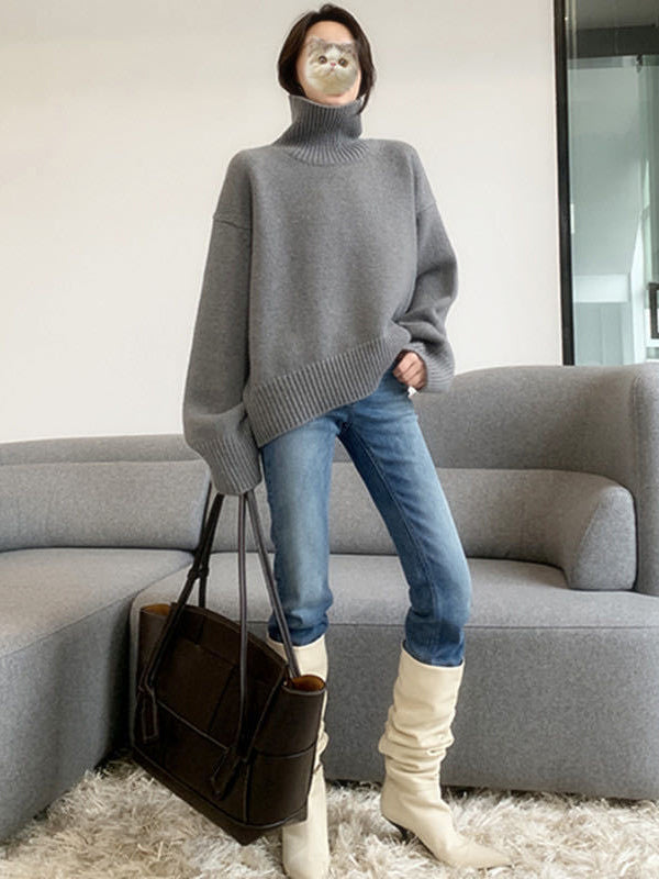 Grey High-neck Long Sleeve Sweater Qx016