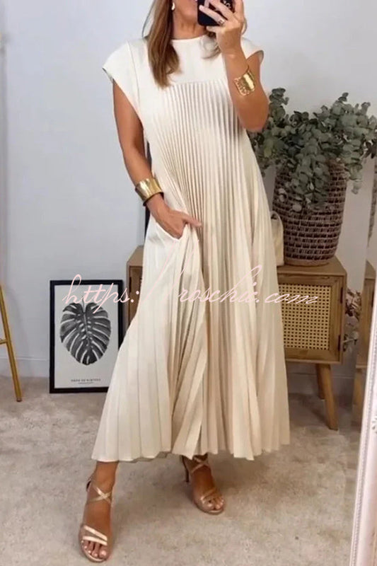 Color Round Neck Sleeveless Pleated Large Hem Maxi Dress