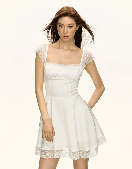 White Lace Trim Square Neck Mini Dress