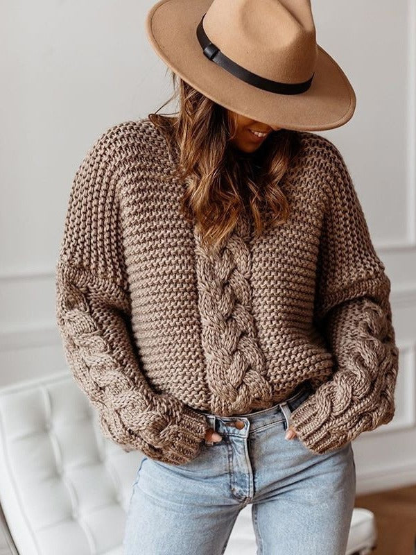 Color V-neck Cable Knit Sweater