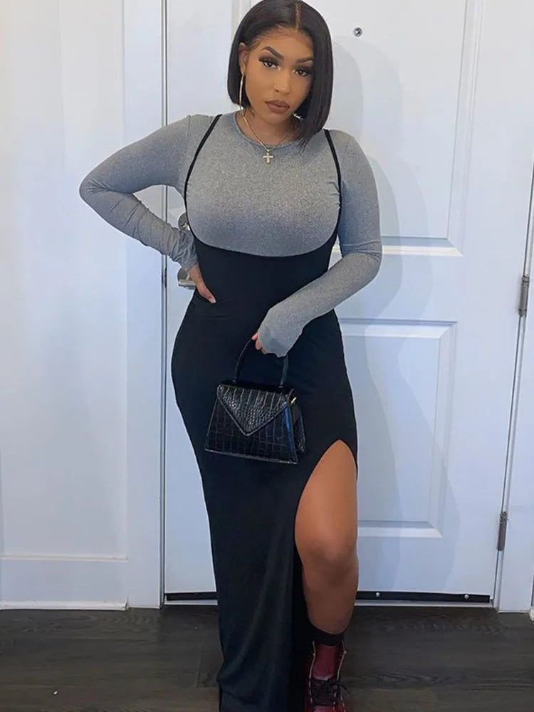 Black High Waisted a Line Suspender Skirts Spring Summer High Split Long Maxi Skirt