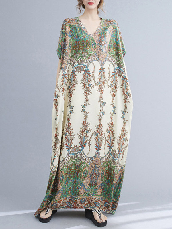 Printed V-neck Batwing Sleeves H-line Maxi Dress