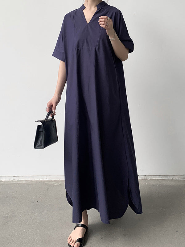 Loose Short Sleeves Color V-neck Maxi Dresses