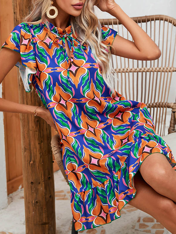 A-line High Waisted Hollow Pleated Printed Split-joint Tied Round-neck Mini Dresses