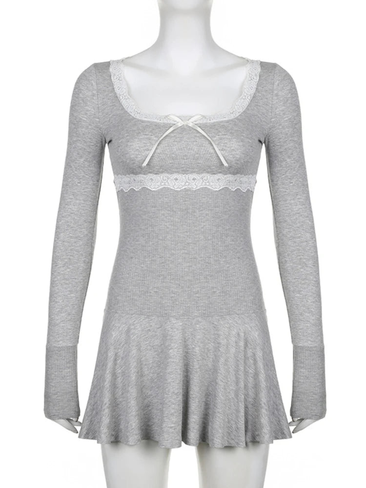 Knitted Mini Dress for Rib High Waist Splice Lace Dresses Femme Slim Folds Dress Woman Autumn