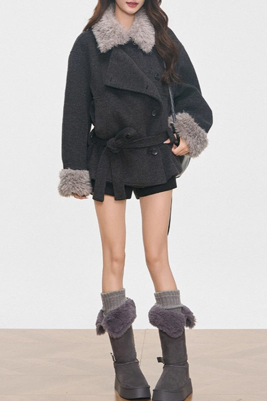 Petite Faux Fur Collar Thick Wool Blend Coat