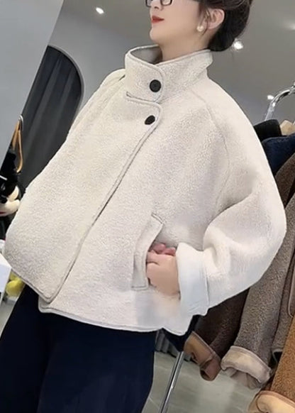 White Stand Collar Patchwork Pockets Faux Fur Coats Fall Ry015