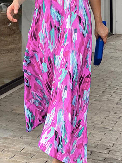 Loose Short Sleeves Multi-colored Printed V-neck Maxi Dresses