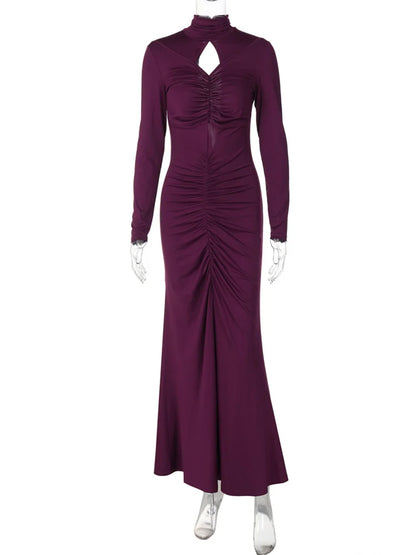 Autumn Pleated Hollow Out Maxi Dress ’s Slim High Waist Backless Party Dress Female Long Dress