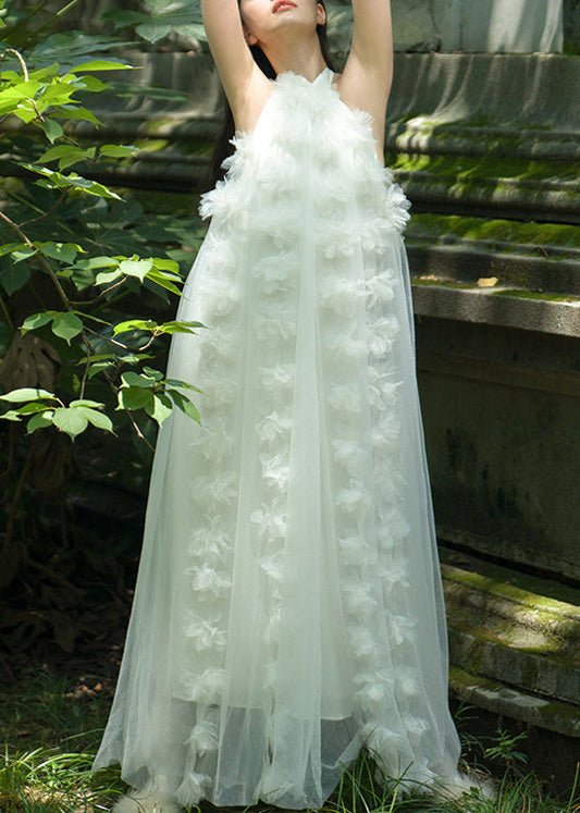 White Lace Up Tulle Maxi Dresses Summer Az1016