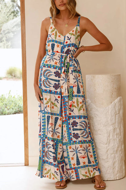 Unique Beach Vacation Print V-neck Suspenders Wide-leg Jumpsuit