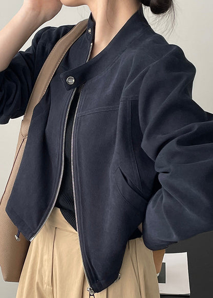 Navy Short Coat Outwear Zip Up Stand Collar Drawstring Fall Wd007