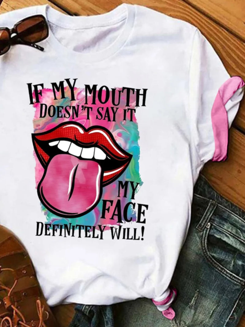 Lip Letter Print T-shirt Summer Short Sleeve ’s Top