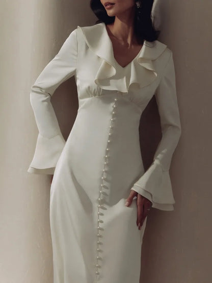 Ruffle V Neck Dress for Slim Long Sleeve High Waist Temperament Dresses Femme Party Slit Long Dress Woman