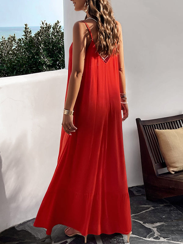 Loose Sleeveless Pleated Color Split-joint Spaghetti-neck Maxi Dresses