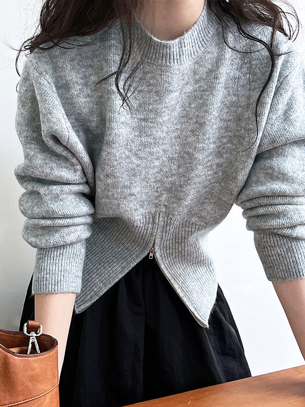Grey Mock Neck Zip-up Hem Long Sleeve Sweater An1072