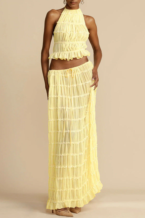 Versatility and Charm Pleated Drawstring Waist Tiered Maxi Skirt