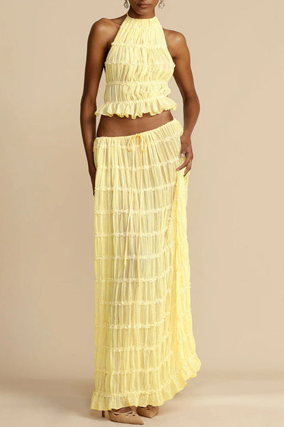 Versatility and Charm Pleated Drawstring Waist Tiered Maxi Skirt