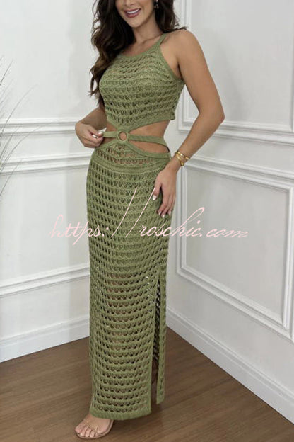 Gaze Knit Texture Ring Side Waist Cutout Stretch Maxi Dress