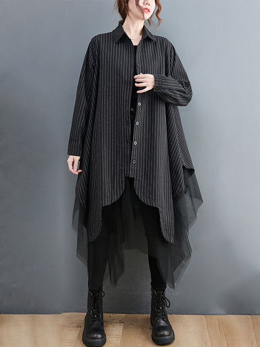 Loose Striped Gauze Split-joint Lapel Long Dress